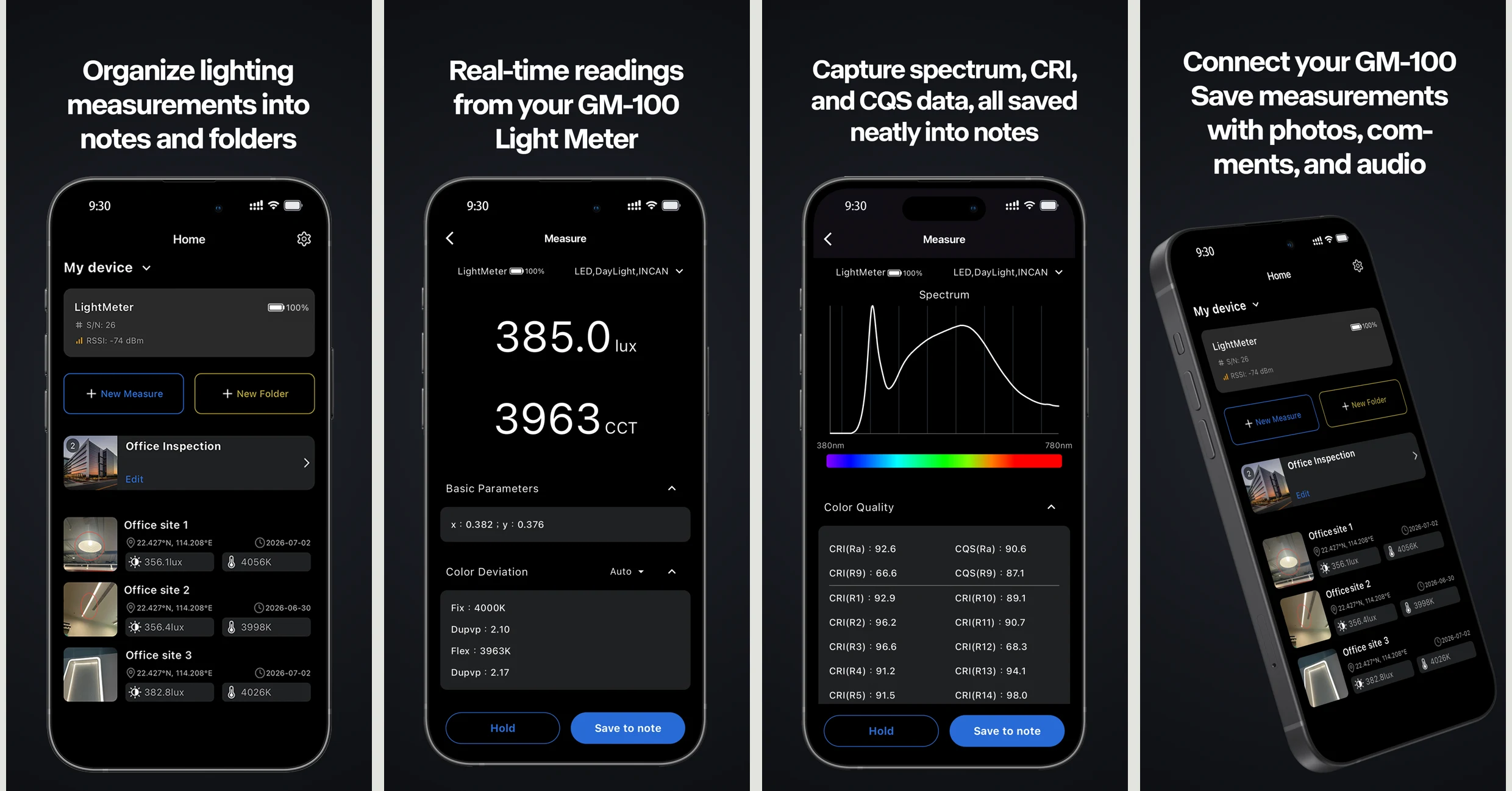 GG Light workflow: organize measurements, view live lux readings, inspect spectrum data, and save field notes